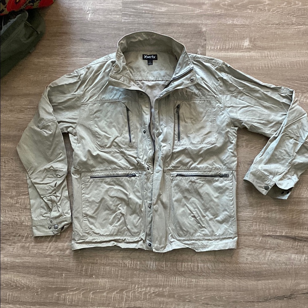 Mens Vertex large zip up jacket, soft touch suede, snap cuffs sandstone